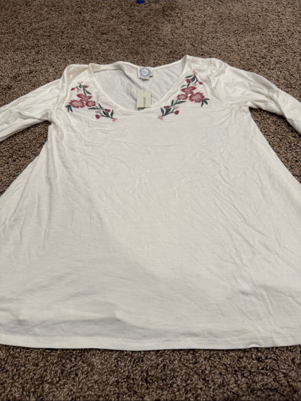 Women's White Long Sleeve Scoop Neck Top with Pink Floral Embroidery